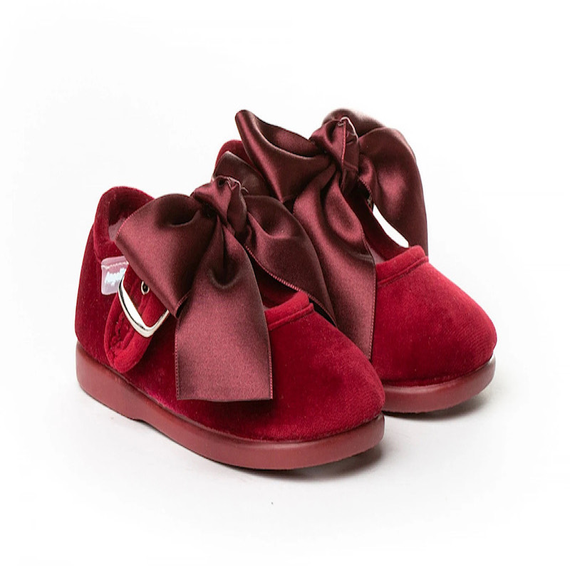Made in Spain EU23-27 baby girl velvet Shoes with Satin Ribbon Non Slip Rubber Bordeaux